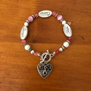 Pink Ribbon Hope Strength Courage Charms Sterling Silver Plated Bracelet